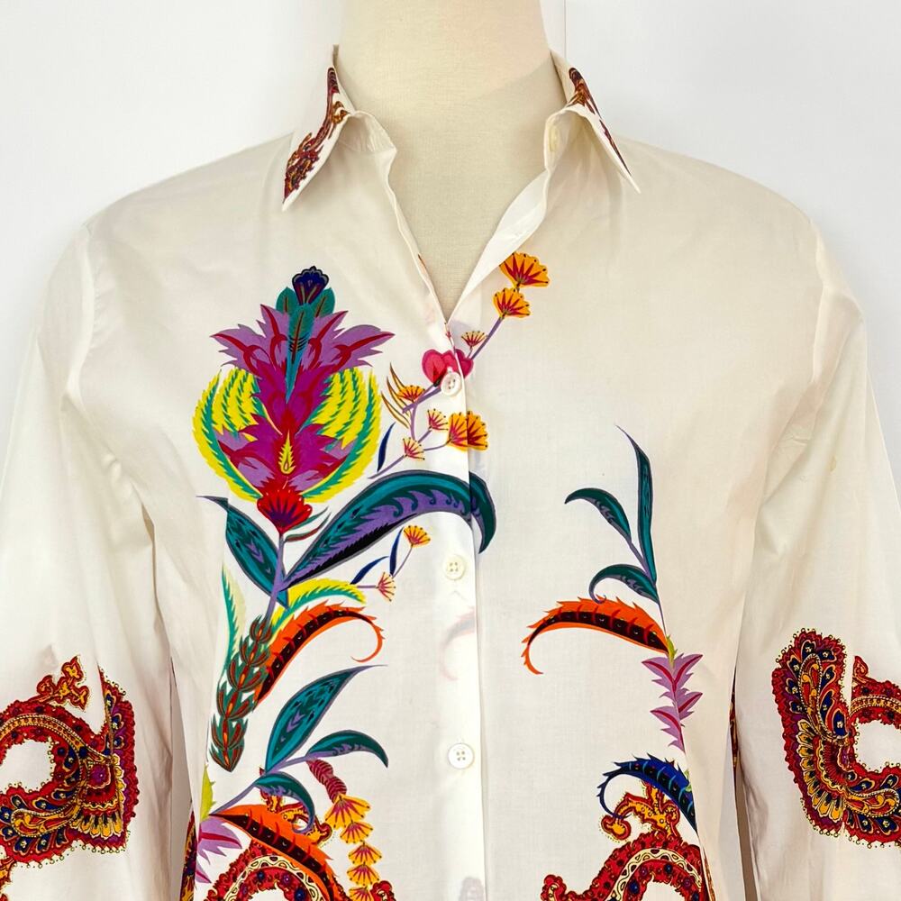 Etro Button-Down Shirt Long Sleeve Top Blouse White Floral Paisley 46 (US10) - Picture 2 of 12
